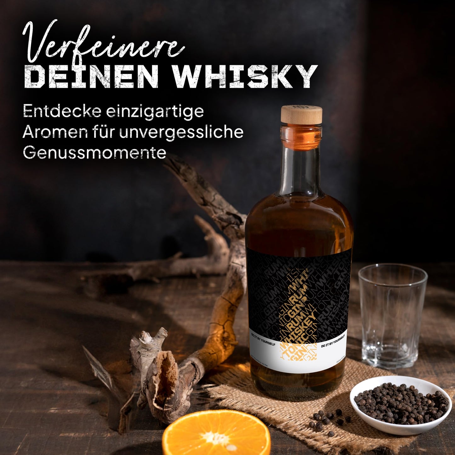 DIBYS DIY-Whiskey-Set mit 12 natürlichen Botanicals, Zubehör und 4 Rezepten zum individuellen Aromatisieren von Whiskey. Für kreative Genussmomente mit persönlicher Note.
