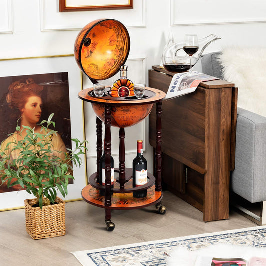 Globusbar in Braun – dekorativer Barwagen mit integrierter Minibar und Weinregal, flexibel dank Rollen. Klassisches Globus-Design mit Stauraum für Flaschen und Gläser. Für stilvolles Servieren und elegante Raumakzente.