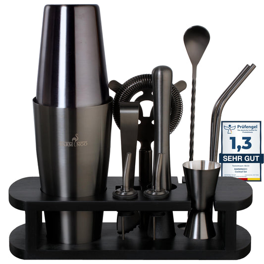 BARMINGO Cocktail Set (11-tlg.) in Schwarz mit 825 ml Boston Shaker, Ständer und hochwertigem Bar-Zubehör. Aus robustem Edelstahl – perfekt zum Mixen klassischer und moderner Cocktails. Stilvolles Barset für Zuhause oder als Geschenk.