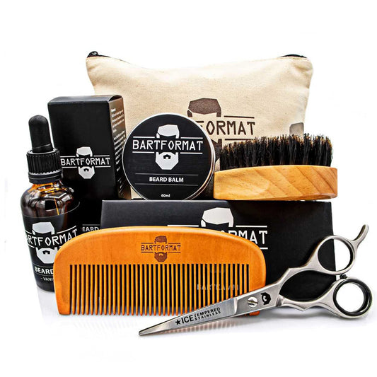 BARTFORMAT® Bartpflege-Set für Männer (6-teilig) mit Bartöl, Bartbalsam, Bartschere, Bürste, Kamm und Kulturbeutel. Komplettausstattung für stilvolle Bartpflege zu Hause oder unterwegs. Ideal als Starter-Set.