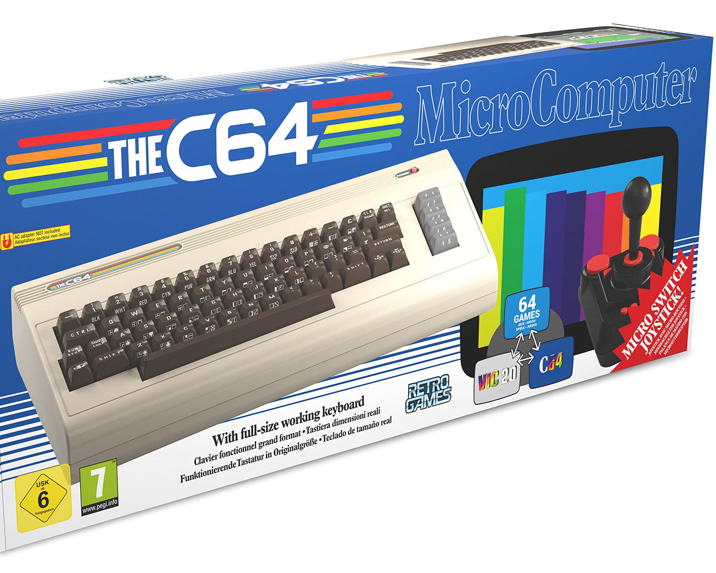 The C64 „Maxi“ – funktionsfähiger Heimcomputer im Original-Look des Commodore 64 mit USB, HDMI und 64 vorinstallierten Spielen. Für echtes Retro-Feeling mit moderner Technik. Ohne Netzteil, kompatibel mit gängigen USB-Stromquellen.