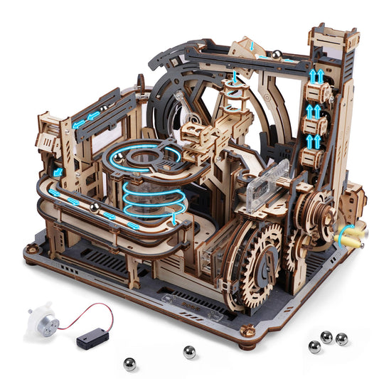 ROKR 3D Puzzle "Elektrische Murmelbahn". 294 Teile Holz-Bausatz für Erwachsene mit Motorantrieb & Anleitung. Großes DIY Modell für Technikfans.