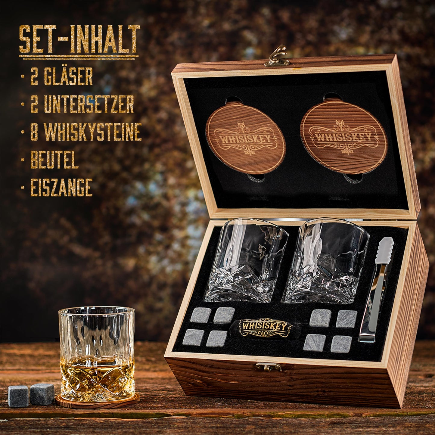 WHISISKEY Whiskygläser Set mit 2 Gläsern (je 310 ml), 8 wiederverwendbaren Whiskey-Steinen und Geschenkbox. Für Genießer, die auf Details und Stil Wert legen.