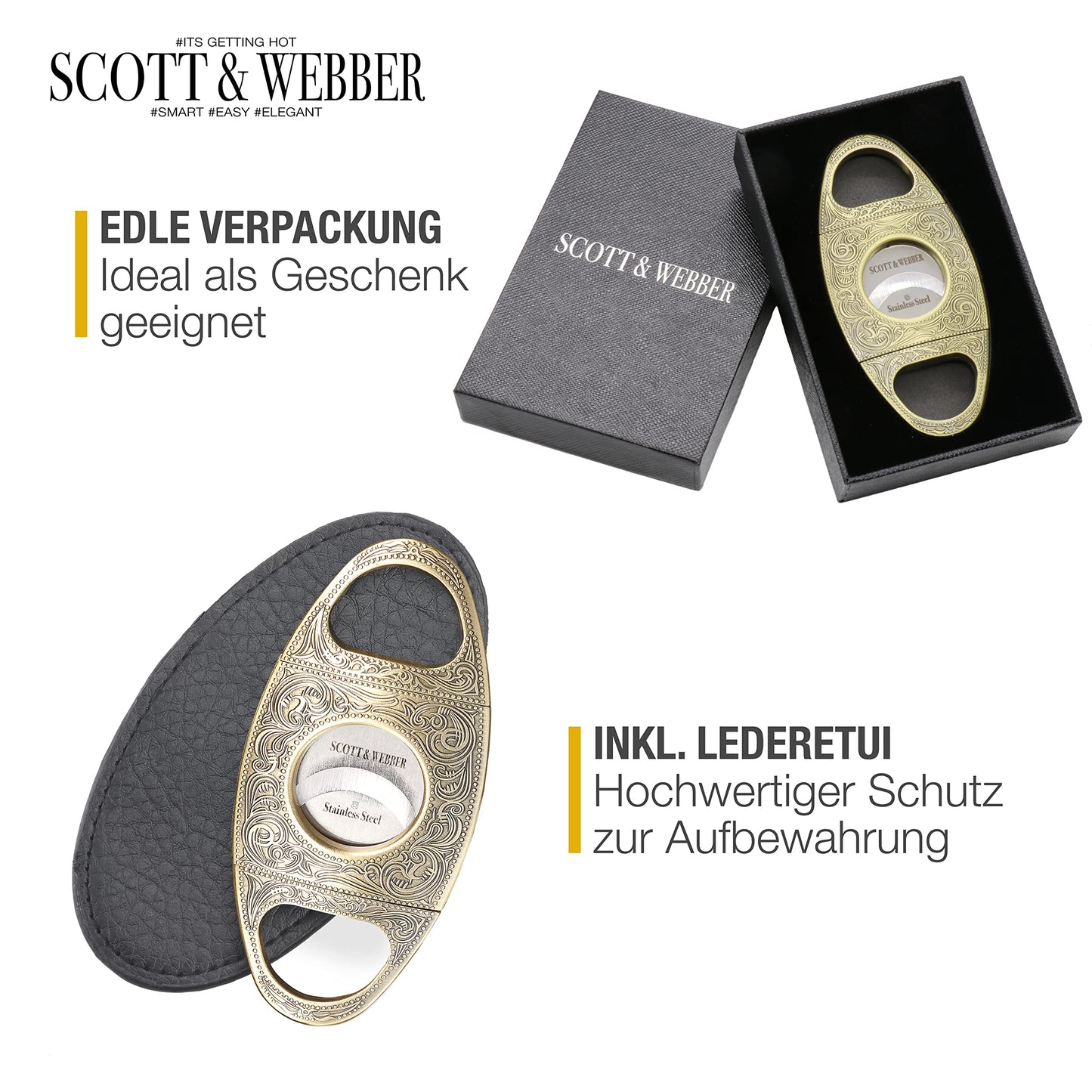 Scott & Webber® Zigarrenschneider mit doppelschneidiger Edelstahlklinge für große Ringmaße. Inklusive edlem Lederetui und Geschenkverpackung in Gold/Bronze. Stilvolles Zubehör für anspruchsvolle Zigarrenliebhaber.
