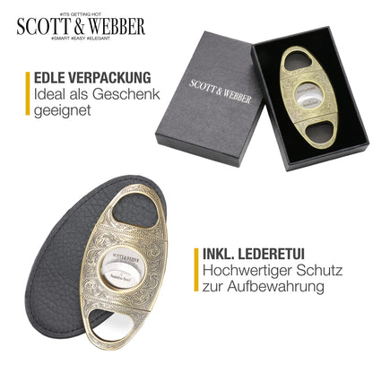 Scott & Webber® Zigarrenschneider mit doppelschneidiger Edelstahlklinge für große Ringmaße. Inklusive edlem Lederetui und Geschenkverpackung in Gold/Bronze. Stilvolles Zubehör für anspruchsvolle Zigarrenliebhaber.