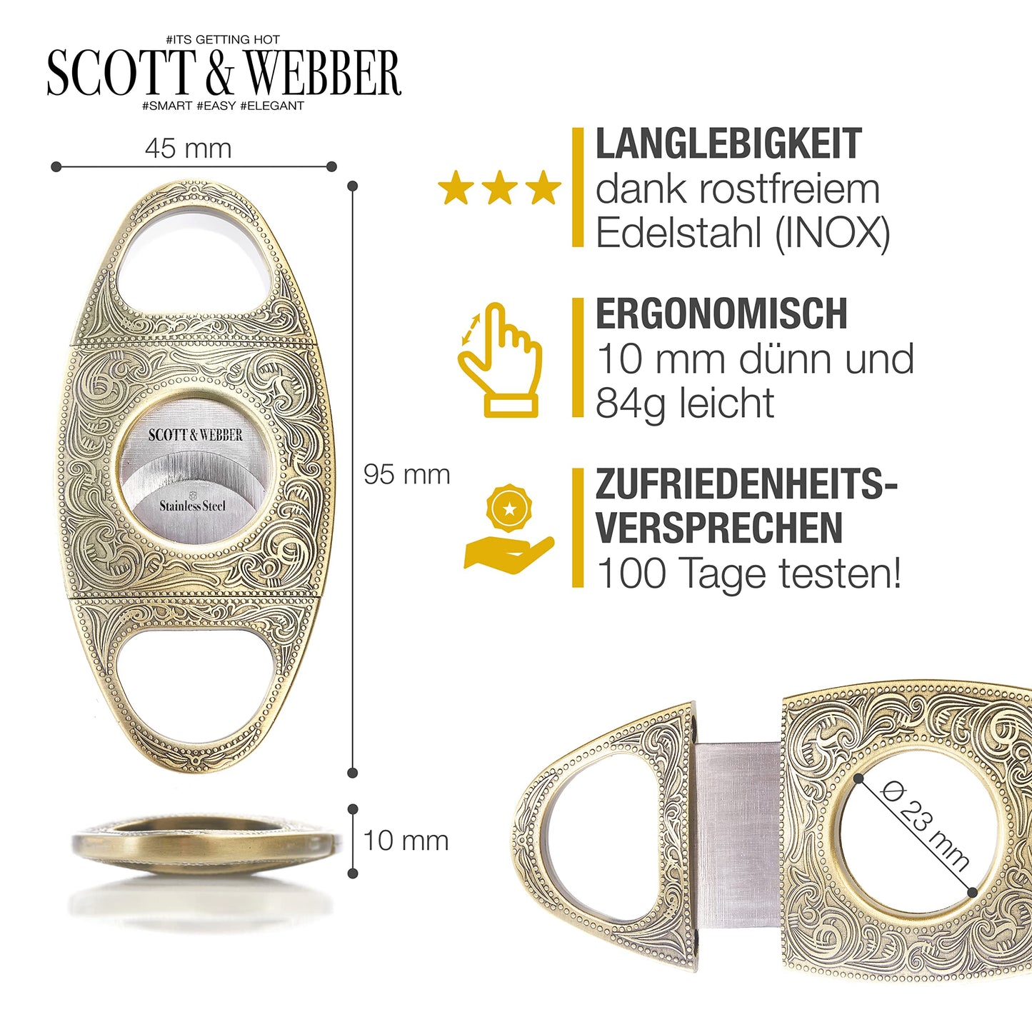 Scott & Webber® Zigarrenschneider mit doppelschneidiger Edelstahlklinge für große Ringmaße. Inklusive edlem Lederetui und Geschenkverpackung in Gold/Bronze. Stilvolles Zubehör für anspruchsvolle Zigarrenliebhaber.