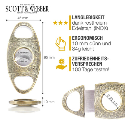 Scott & Webber® Zigarrenschneider mit doppelschneidiger Edelstahlklinge für große Ringmaße. Inklusive edlem Lederetui und Geschenkverpackung in Gold/Bronze. Stilvolles Zubehör für anspruchsvolle Zigarrenliebhaber.