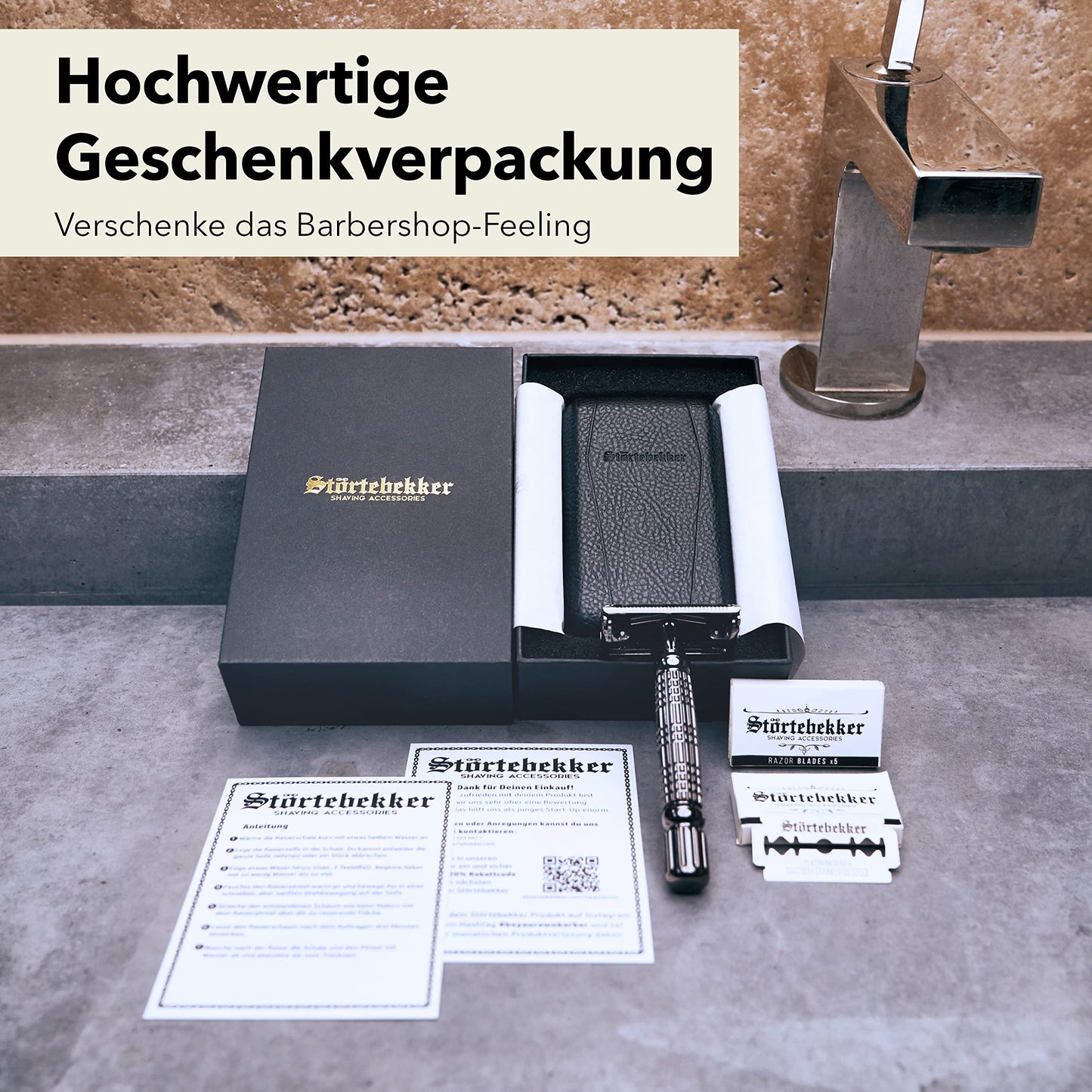 Störtebekker® Premium Gentleman Essential Set – hochwertiges Rasierset mit Rasierhobel, Pinsel, Rasierseife, Schale, Klingen, Ständer und Alaunstein. Für eine stilvolle, gründliche Nassrasur auf klassischem Niveau.