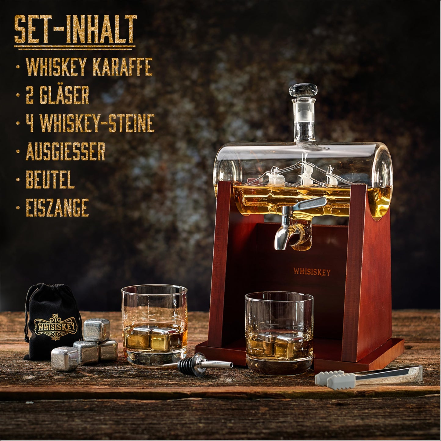 WHISISKEY Whiskey Karaffe Set mit 1100 ml Schiff-Dekanter, 2 Gläsern, 4 Whisky-Steinen und edler Geschenkbox. Für Genießer, die Whiskey mit Klasse servieren wollen.