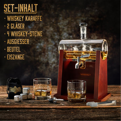 WHISISKEY Whiskey Karaffe Set mit 1100 ml Schiff-Dekanter, 2 Gläsern, 4 Whisky-Steinen und edler Geschenkbox. Für Genießer, die Whiskey mit Klasse servieren wollen.